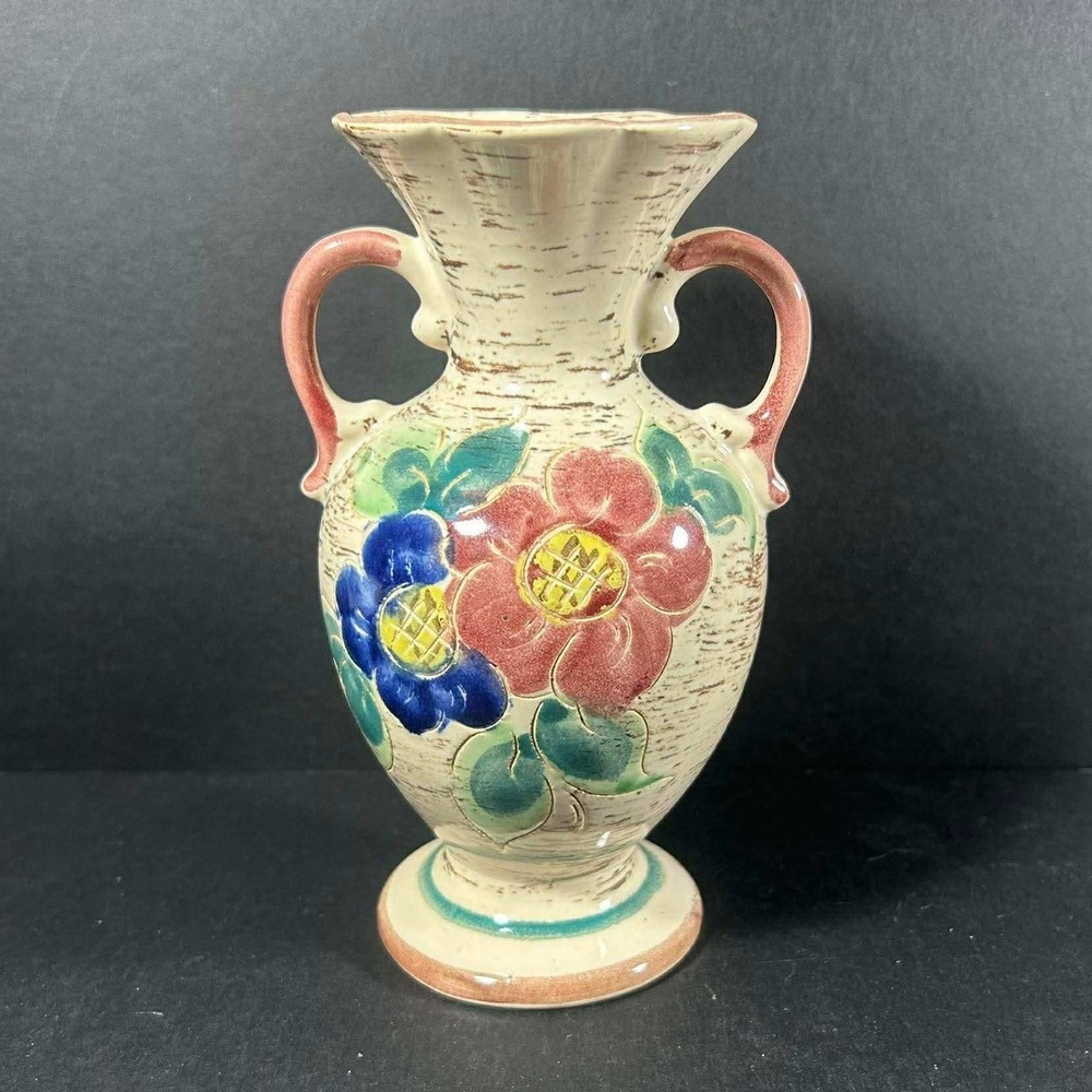 Italia Vase Cream Hand Painted Floral Double Handle Amphora‎ Vintage Italy 7in